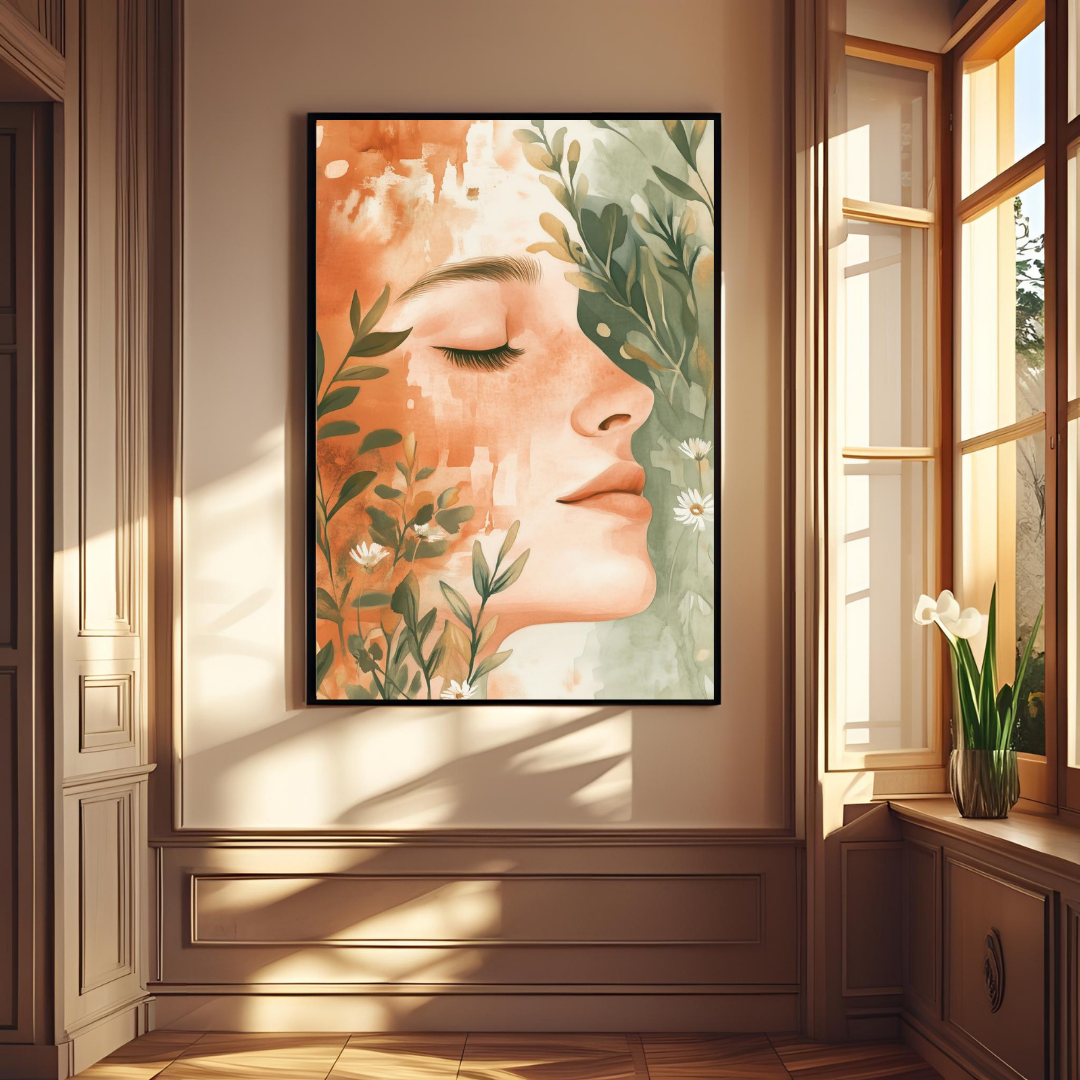 Boho Feminine Botanical Wall Art with Frame – Serene Abstract Decor for Home & Office