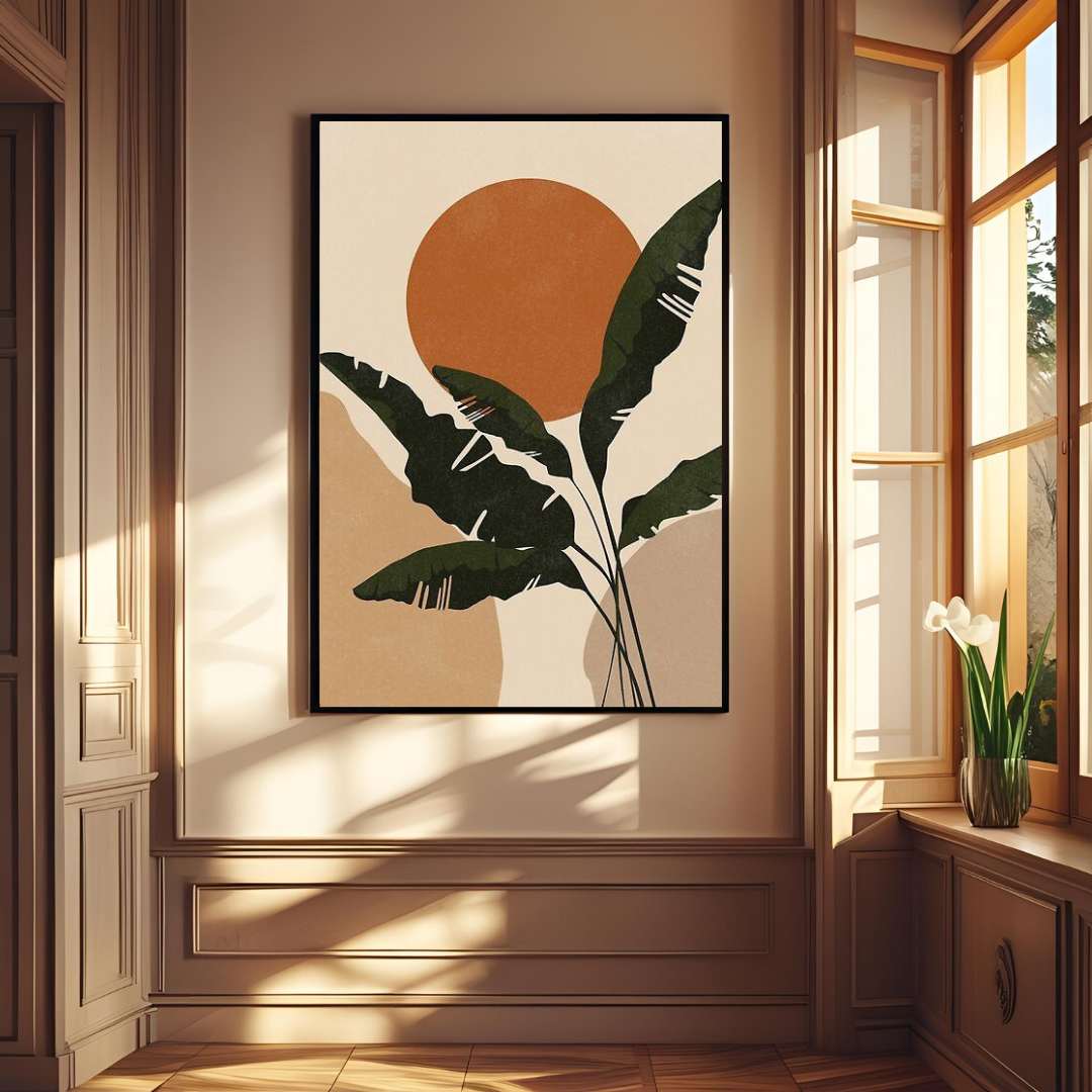 Boho Botanical Sun Wall Art with Frame – Minimalist Nature-Inspired Decor for Home & Office