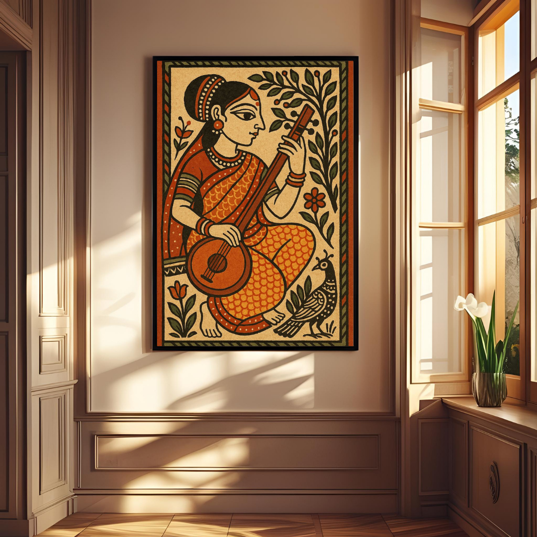 Traditional Indian Woman with Veena β Cultural Folk Art Poster πΆβ¨