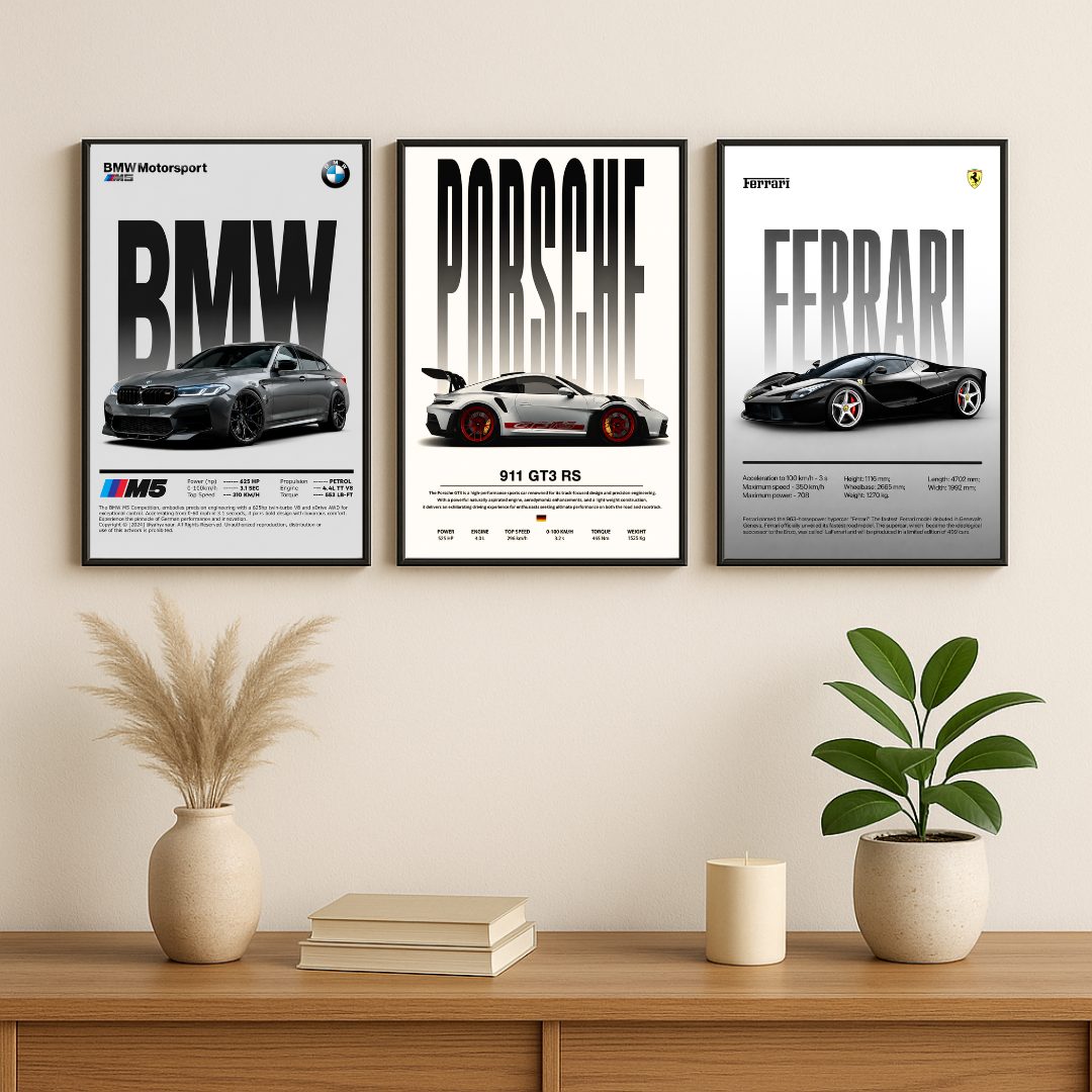 BMW, Porsche & Ferrari Supercar Wall Art Set of 3 – Premium Automotive Poster Collection