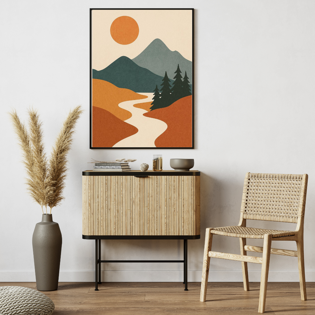 Boho Mountain Landscape Wall Art with Frame – Minimalist Nature Print for Modern Living Room, Bedroom & Office Decor