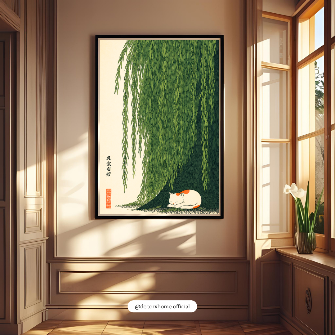 Sleeping Cat Under Willow Tree Poster | Japanese Zen Nature Wall Art by DecorxHome