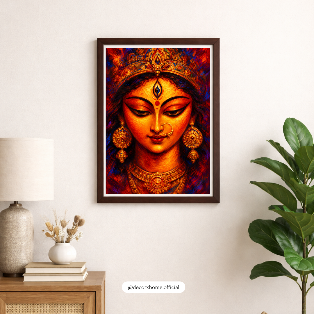 Goddess Durga Face Wall Art | Maa Durga Divine Portrait Poster & Framed Artwork