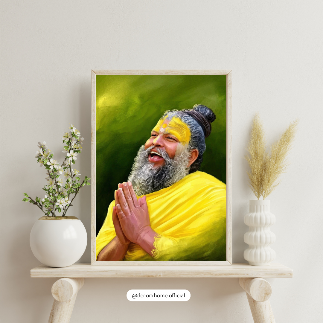 Joyful Spiritual Guru Wall Art – Devotional Sage Portrait in Yellow Robes | Meditation & Positive Energy Poster for Home & Temple | Decorxhome