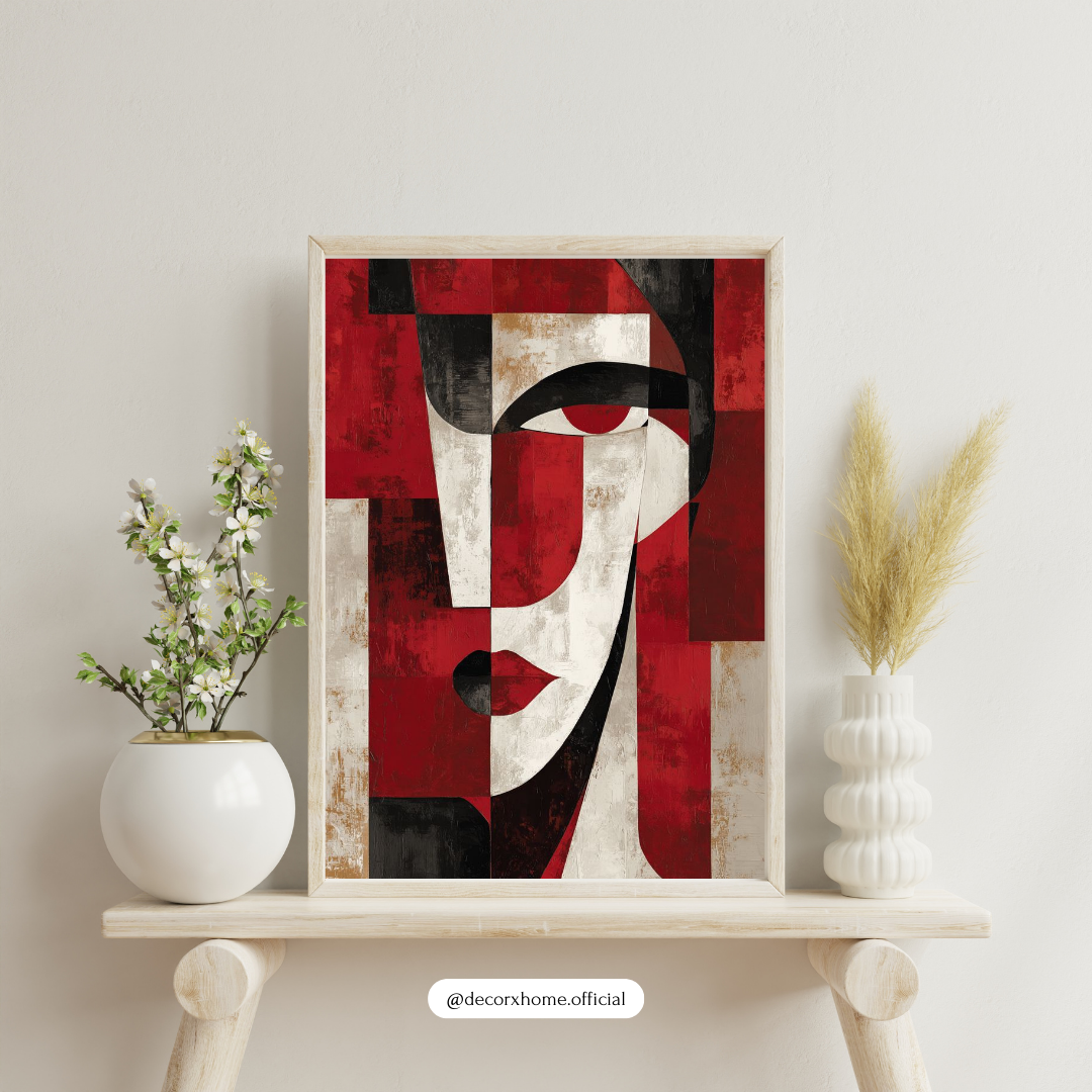 Bold Abstract Woman Face Wall Art Poster – Modern Red & Black Home Décor by Decorxhome