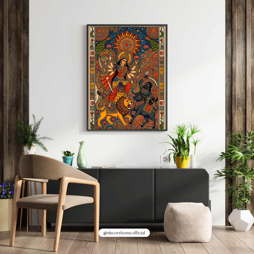 Goddess Durga Traditional Folk Art Wall Poster | Vibrant Indian Spiritual Decor