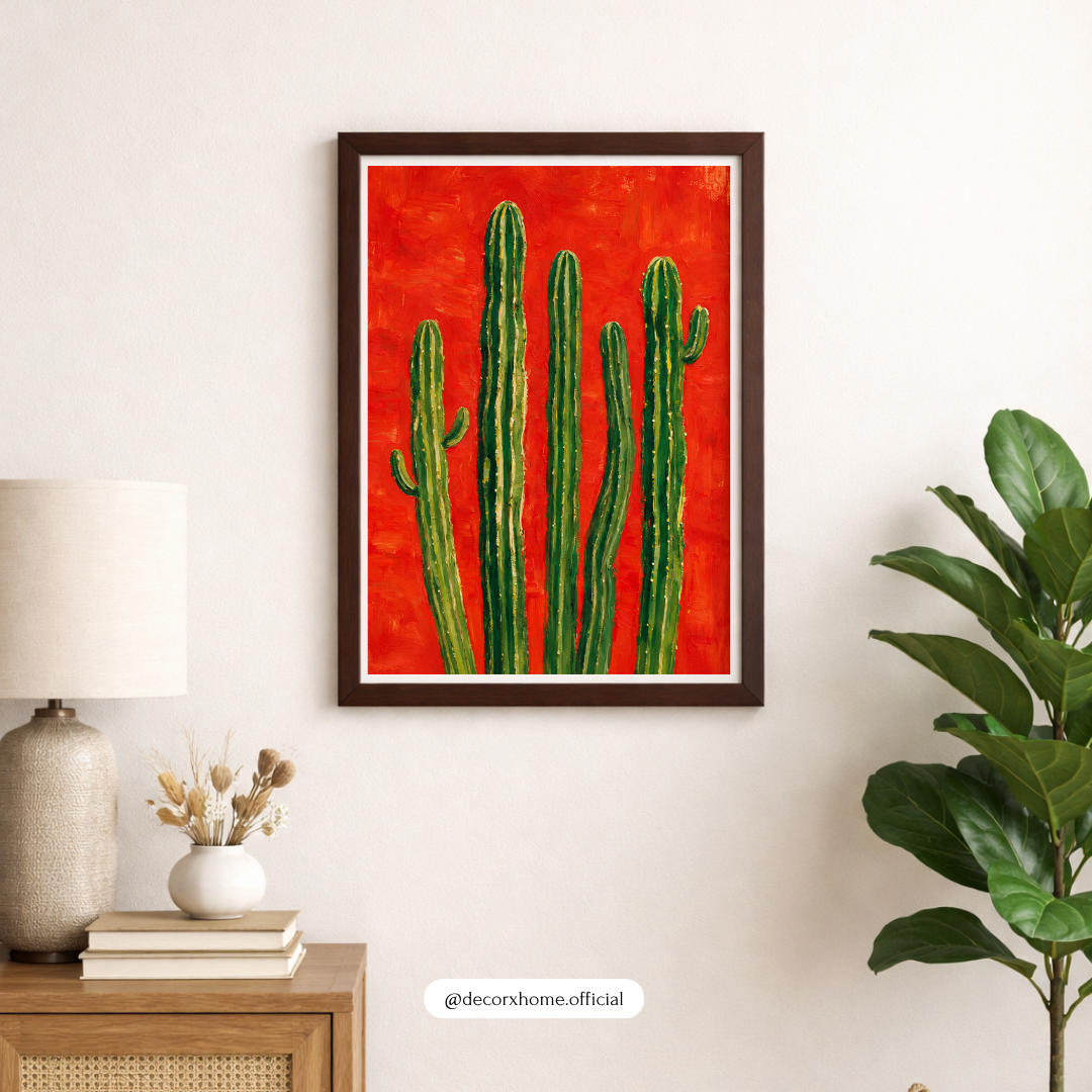 Green Cactus on Red Background Wall Art Poster | Modern Botanical Decor | Decorexhome