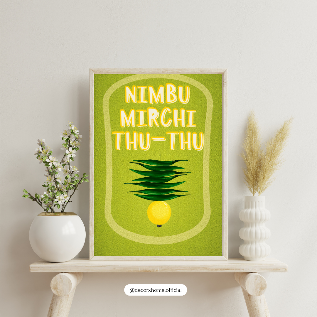 Nimbu Mirchi Wall Art Poster | Nazar Protection Decor | Indian Aesthetic Typography Print | Decorxhome