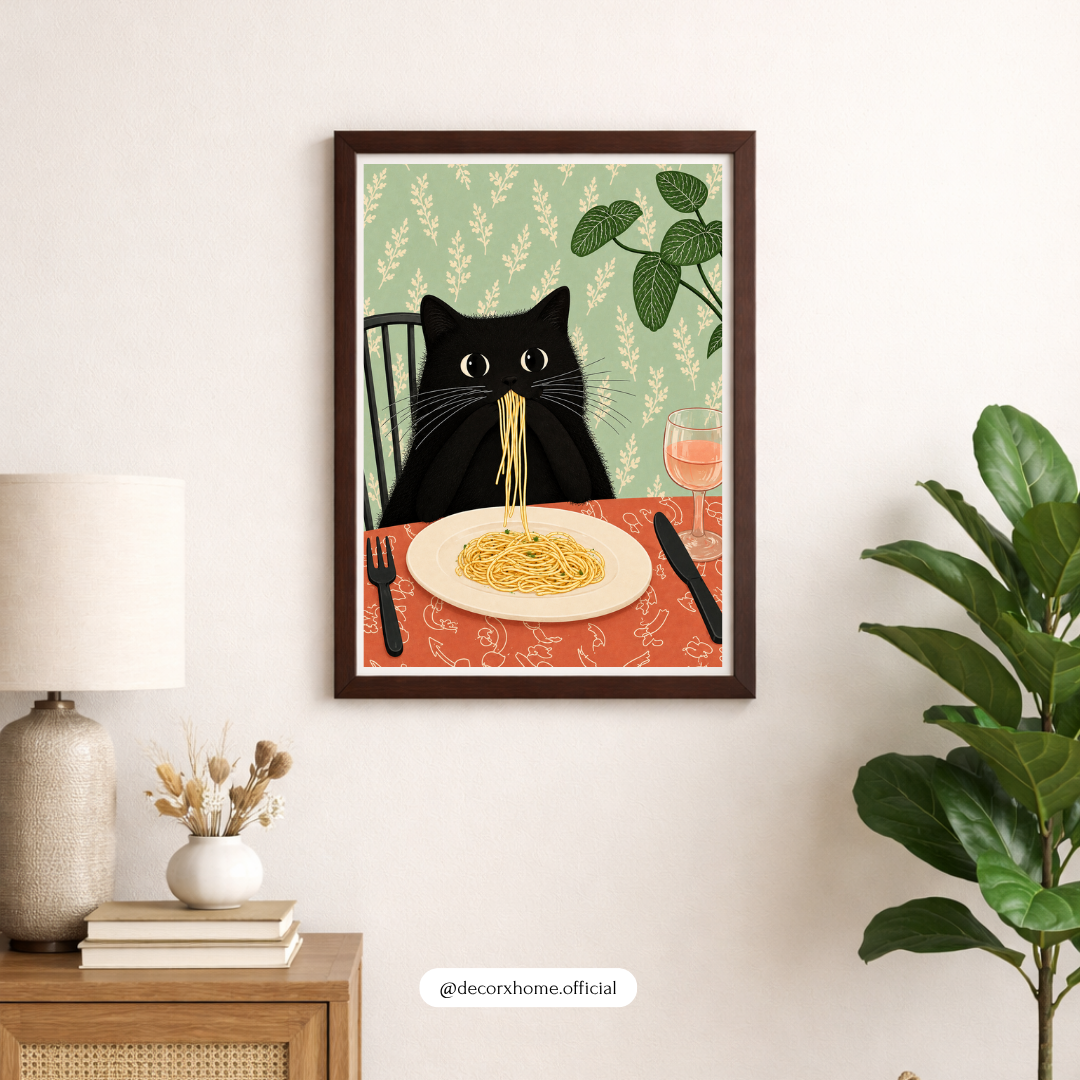 Decorexhome Funny Black Cat Eating Spaghetti Poster | Quirky Cat Wall Art