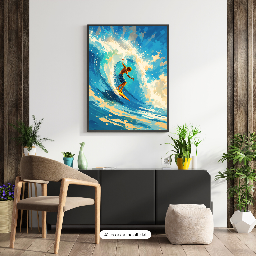 Decorexhome Surfing the Wave Wall Art Poster | Dynamic Ocean Surf Canvas Print | Coastal Adventure Home Decor