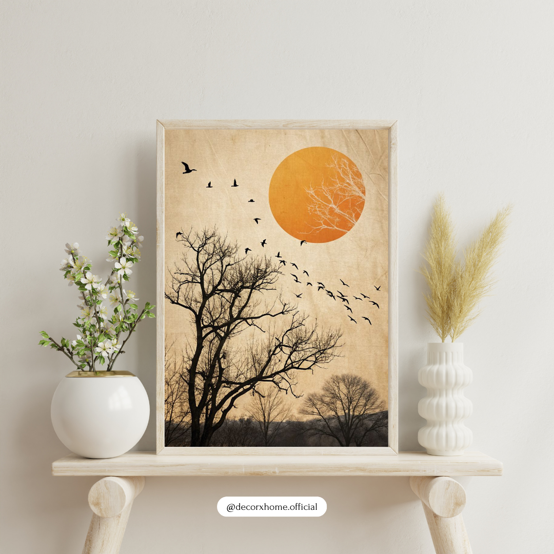 Sunset Tree Silhouette Wall Art Poster – Minimalist Nature Landscape with Birds | Decorxhome