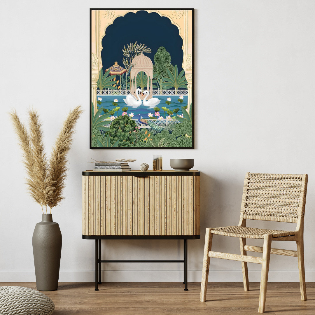 Royal Swans in Palace Garden โ Traditional Indian Art Poster ๐ฆข๐ธ