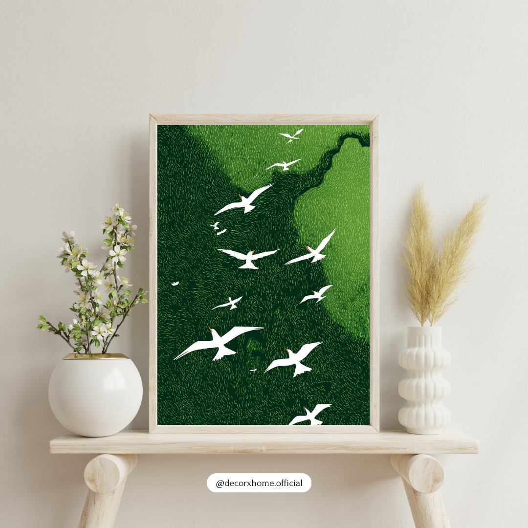 Soaring Birds Over Green Valley – Minimal Nature Wall Poster by Decorxhome