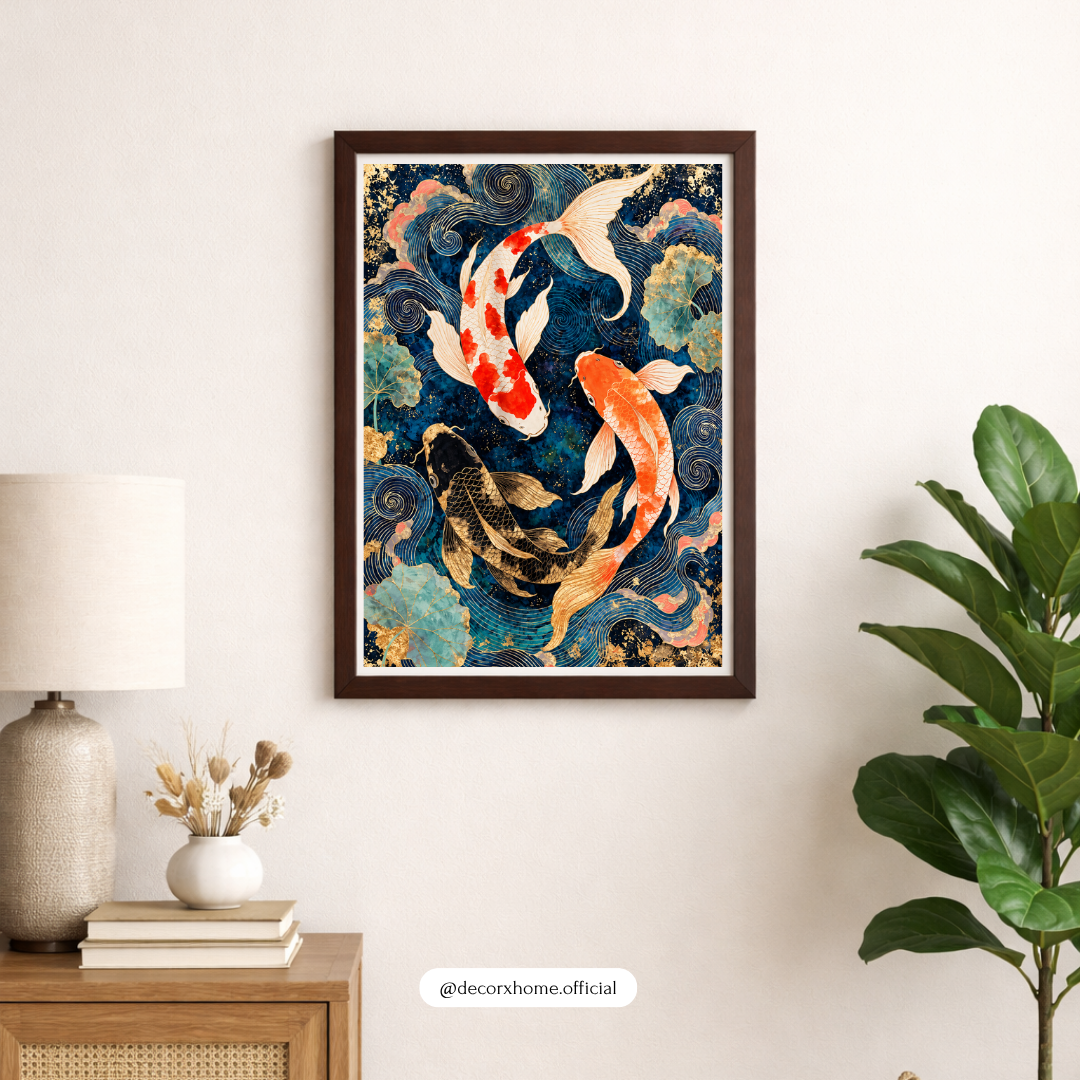 Japanese Koi Fish Wall Art | 3 Koi Fish Blue & Gold Aesthetic Poster | Luxury Modern Wall Decor | Decorxhome