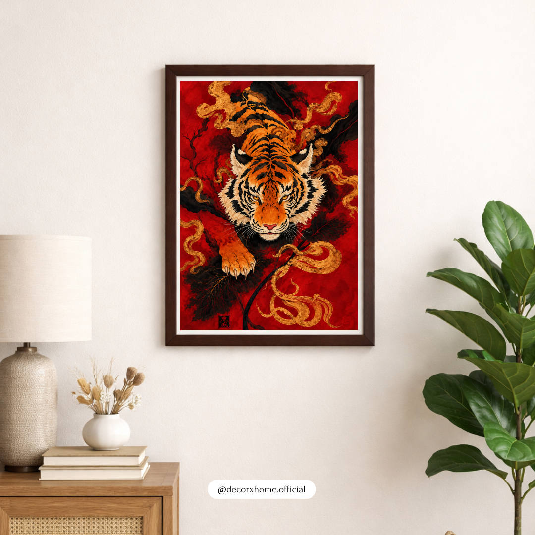 Decorexhome Fierce Tiger Poster | Japanese-Inspired Red Tiger Wall Art | Golden Tiger & Dragon Artwork
