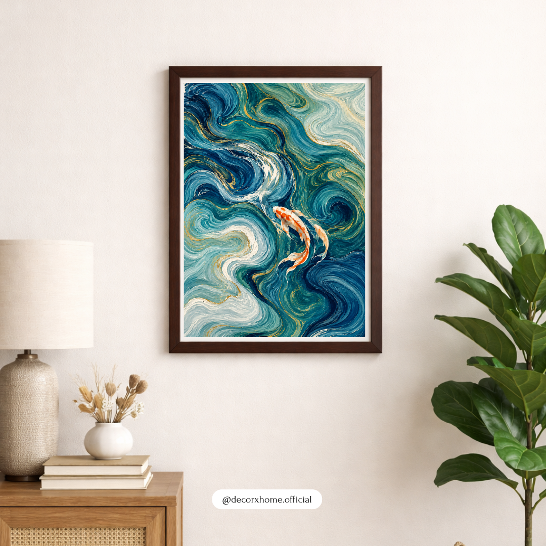 Abstract Koi Fish Wall Art | Blue Ocean Waves Painting Poster | Modern Home Decor | Decorxhome