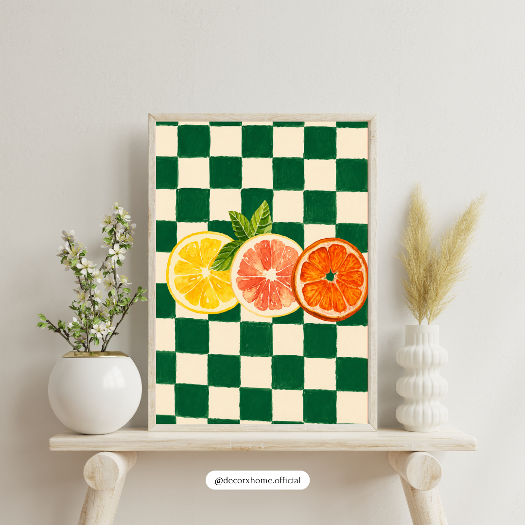 Citrus Pop Art – Modern Fruit Checkerboard Wall Art Poster | DecorxHome