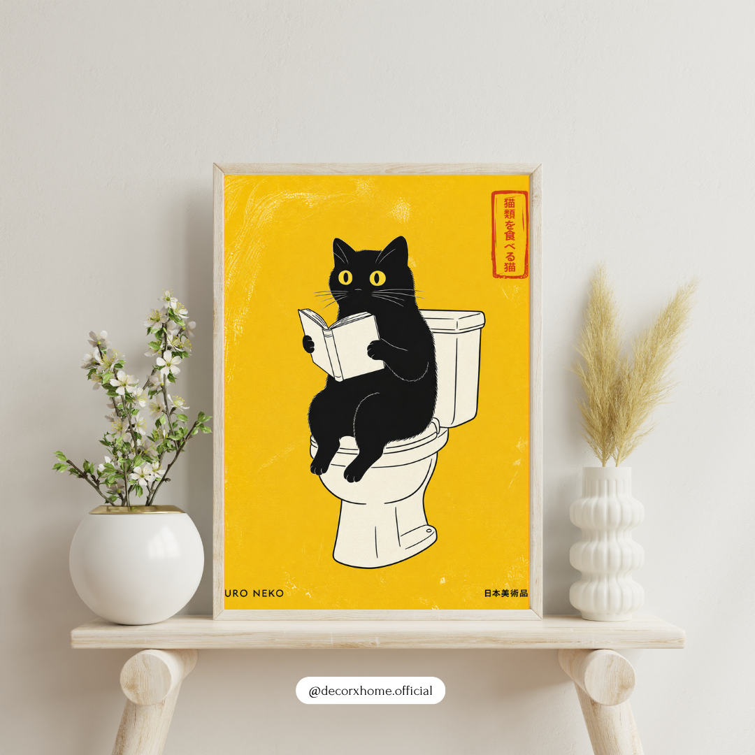Kuro Neko Reading Cat Toilet Poster | Quirky Minimal Wall Art for Bathroom & Living Space – Decorxhome