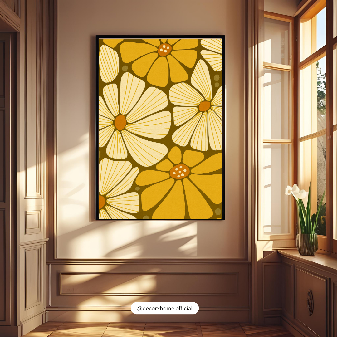Golden Retro Floral Poster – Vintage-Inspired Aesthetic Wall Art
