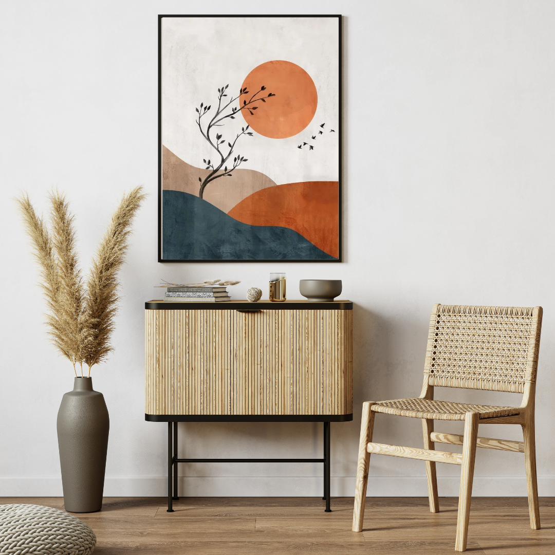 Boho Tree & Sunset Wall Art with Frame – Minimalist Nature-Inspired Decor for Living Room, Bedroom & Office