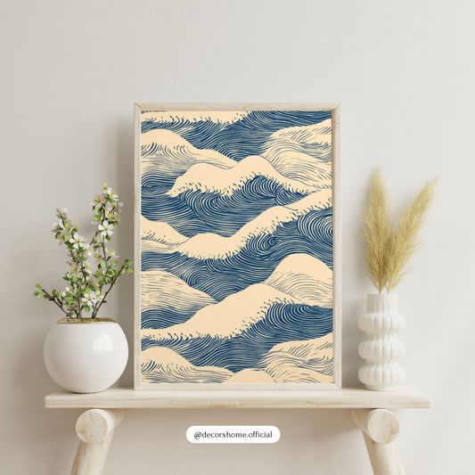 Japanese Minimalist Ocean Waves Poster – Indigo Wave Pattern Wall Art | Decorxhome