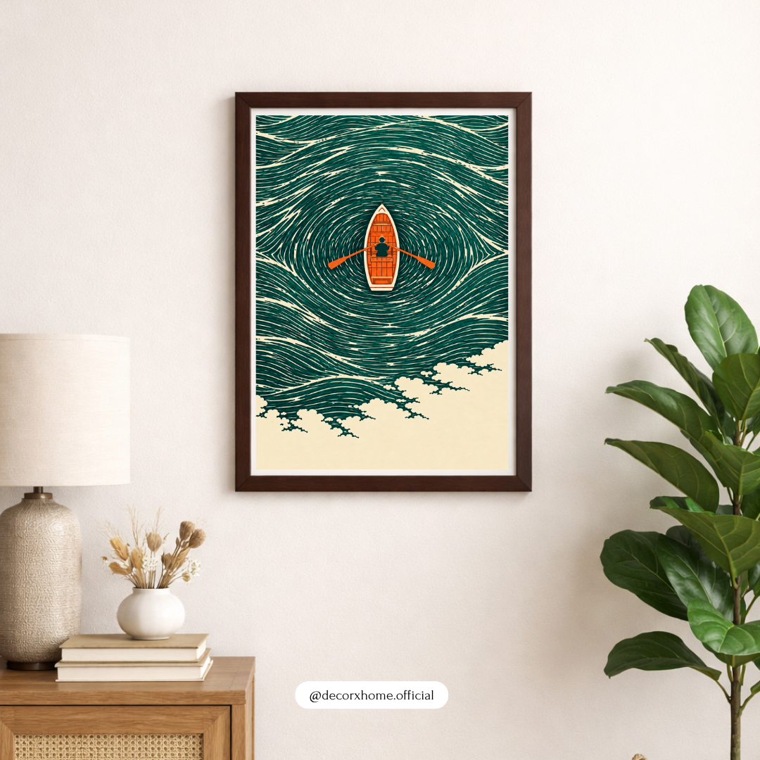 Minimalist Rowing Boat Ocean Wall Art | Blue Wave Poster & Framed Artwork