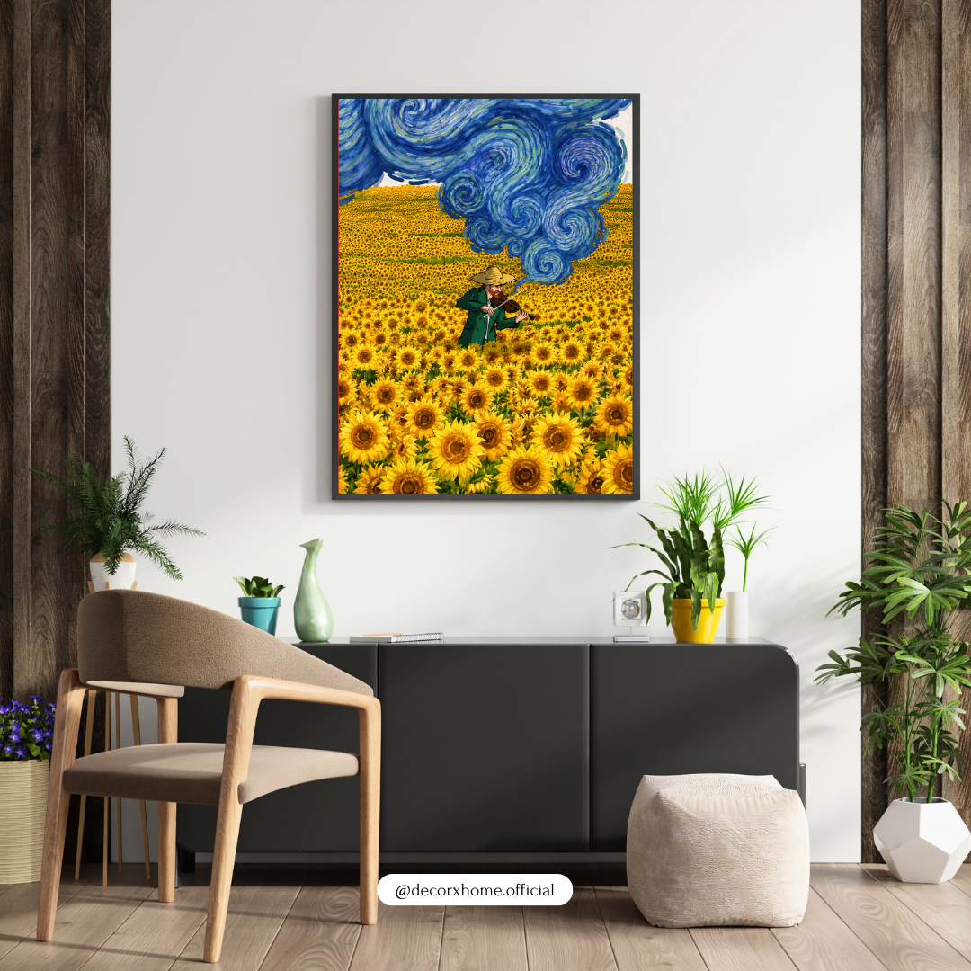 Decorexhome Sunflower Symphony Wall Art Poster | Artistic Violin in Bloom Canvas Print | Impressionist Nature Home Decor