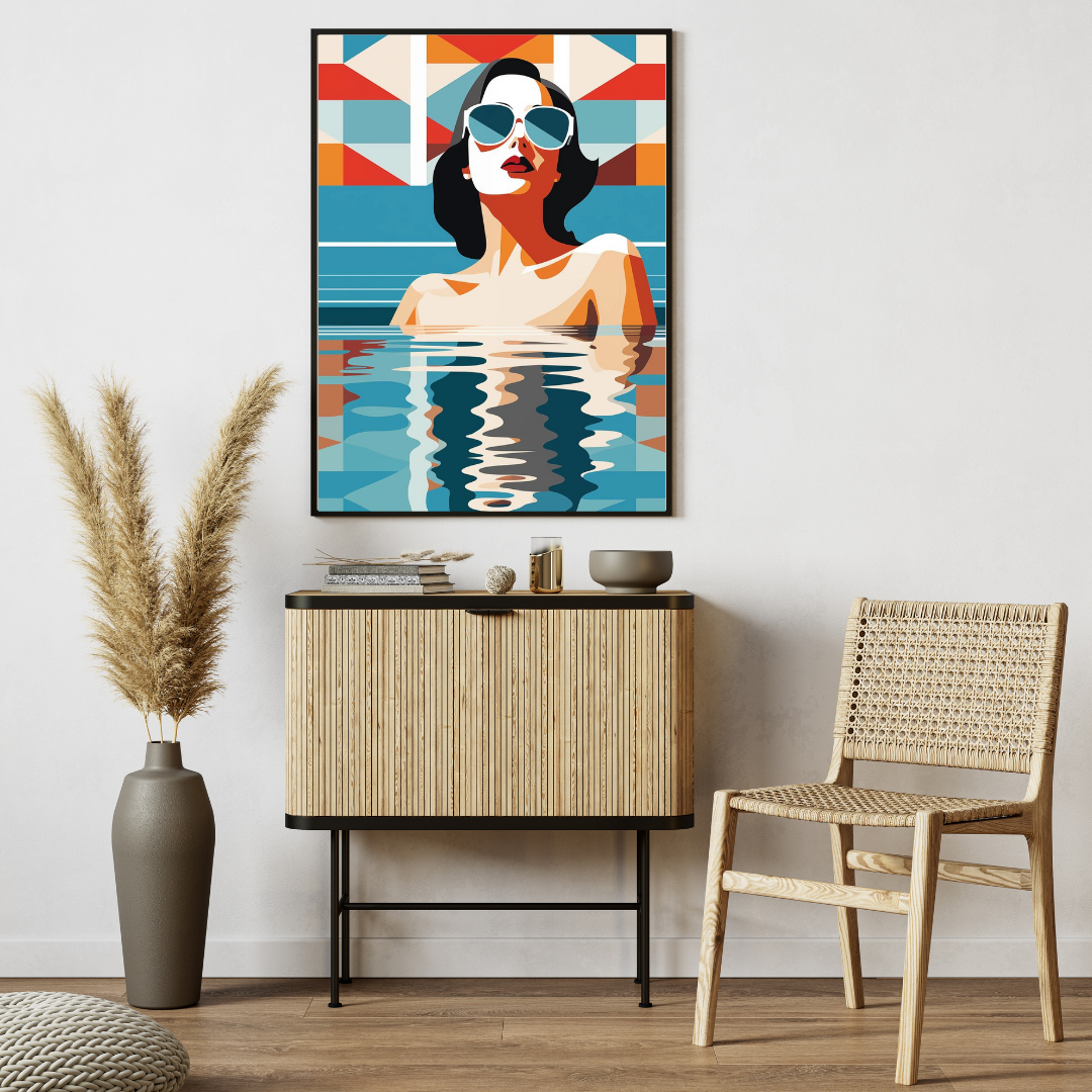 Modern Poolside Woman Wall Art – Framed Pop Art Print for Living Room, Bedroom & Office