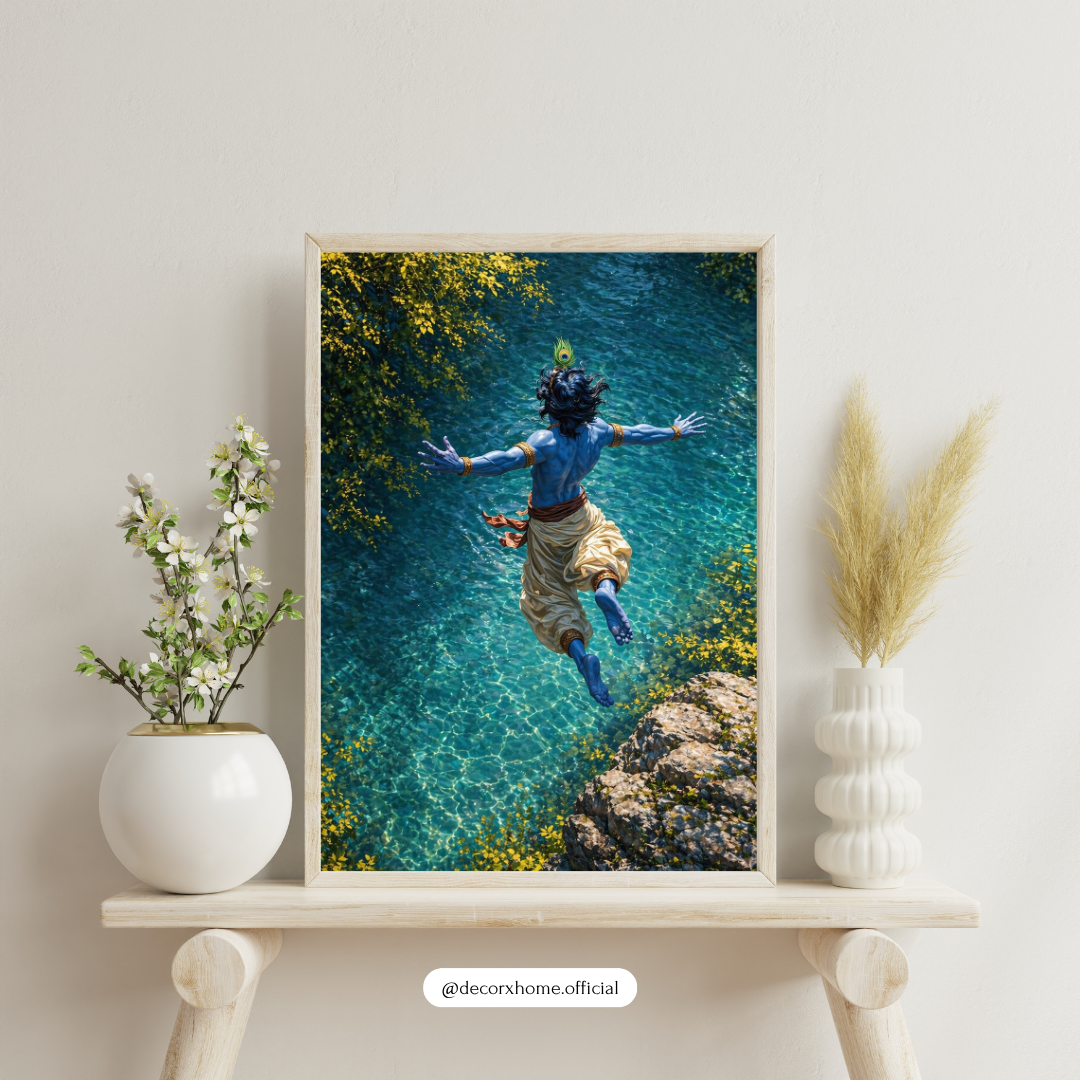 Krishna Divine Leap Wall Art Poster – Spiritual Nature Aesthetic Painting | Decorxhome