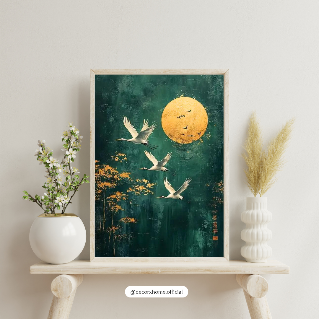 Golden Moon & Flying Cranes Wall Art | Japanese-Inspired Nature Poster | Elegant Minimal Decor | Decorxhome