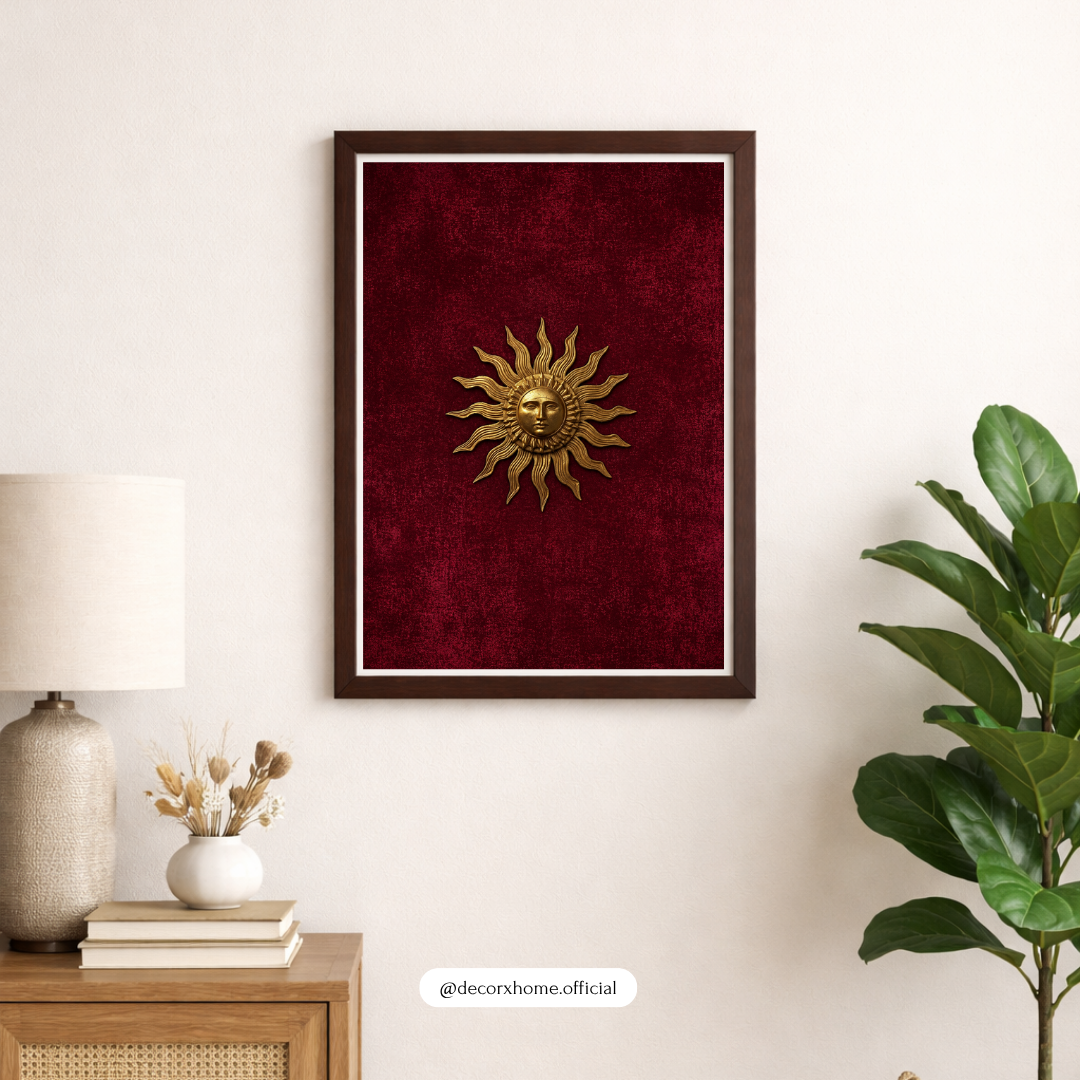 Minimalist Surya Emblem Poster | Golden Sun Symbol Wall Art on Crimson Red Background | Decorxhome