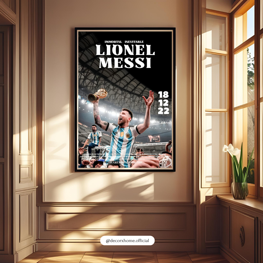 Lionel Messi World Champion Poster | Football GOAT Wall Art | Stadium Celebration Print by DecorxHome