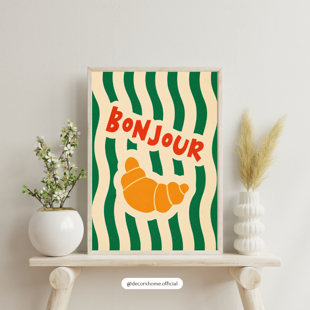 Bonjour Croissant Wall Art Poster | Retro French Café Aesthetic Print | Minimal Boho Kitchen Artwork | Decorexhome