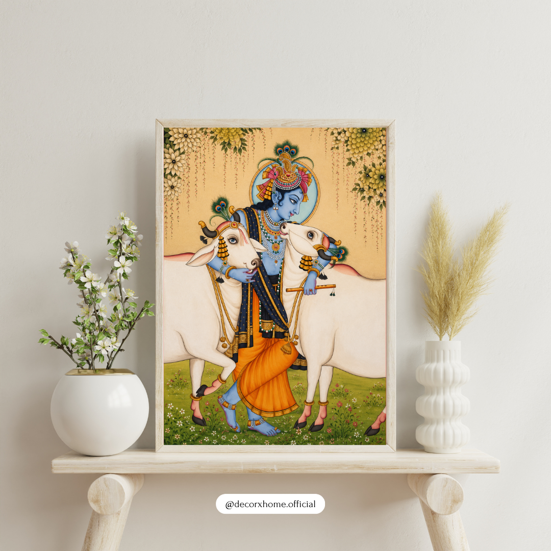 Lord Krishna with Cows Wall Art Poster | Traditional Indian Spiritual Artwork | Divine Hindu Aesthetic Print | Decorexhome