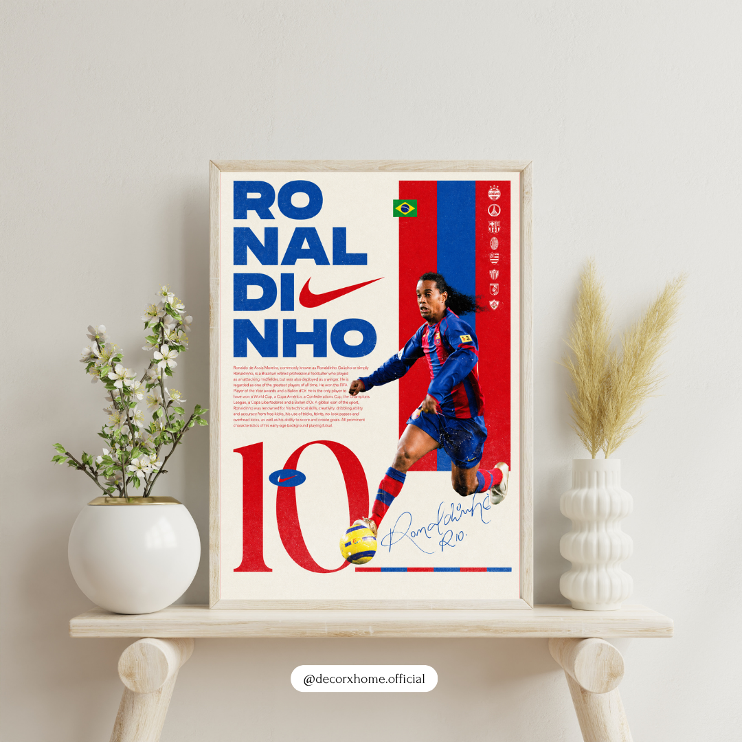 Ronaldinho Football Legend Poster with Frame – Retro Sports Wall Art for Bedroom & Gaming Room
