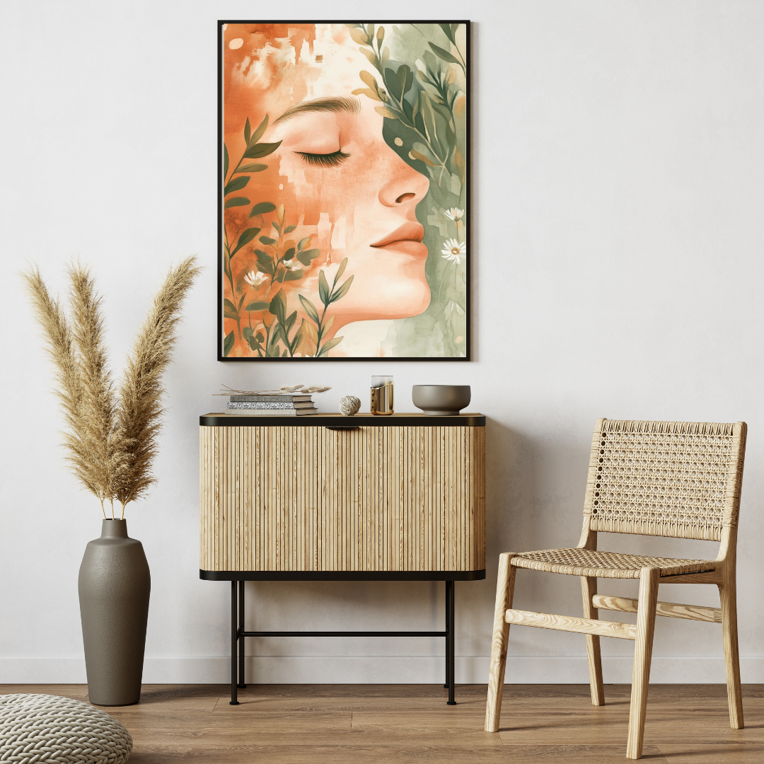 Boho Feminine Botanical Wall Art with Frame – Serene Abstract Decor for Home & Office