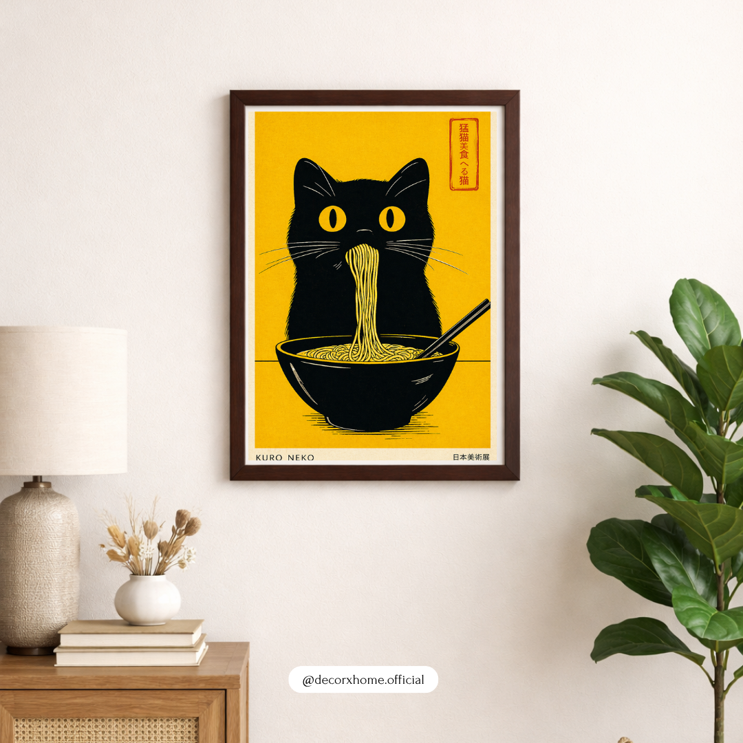 Ramen Cat Wall Art Poster – Japanese Style Funny Cat Print | Minimal Food Aesthetic Decor (Framed)