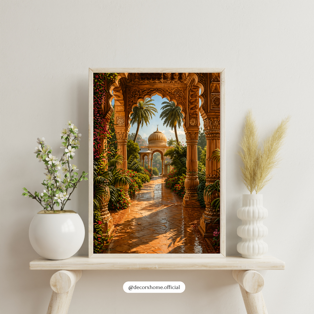 Royal Palace Garden Wall Art Poster – Indian Heritage Architecture Print | Vintage Aesthetic Canvas Decor (Framed)