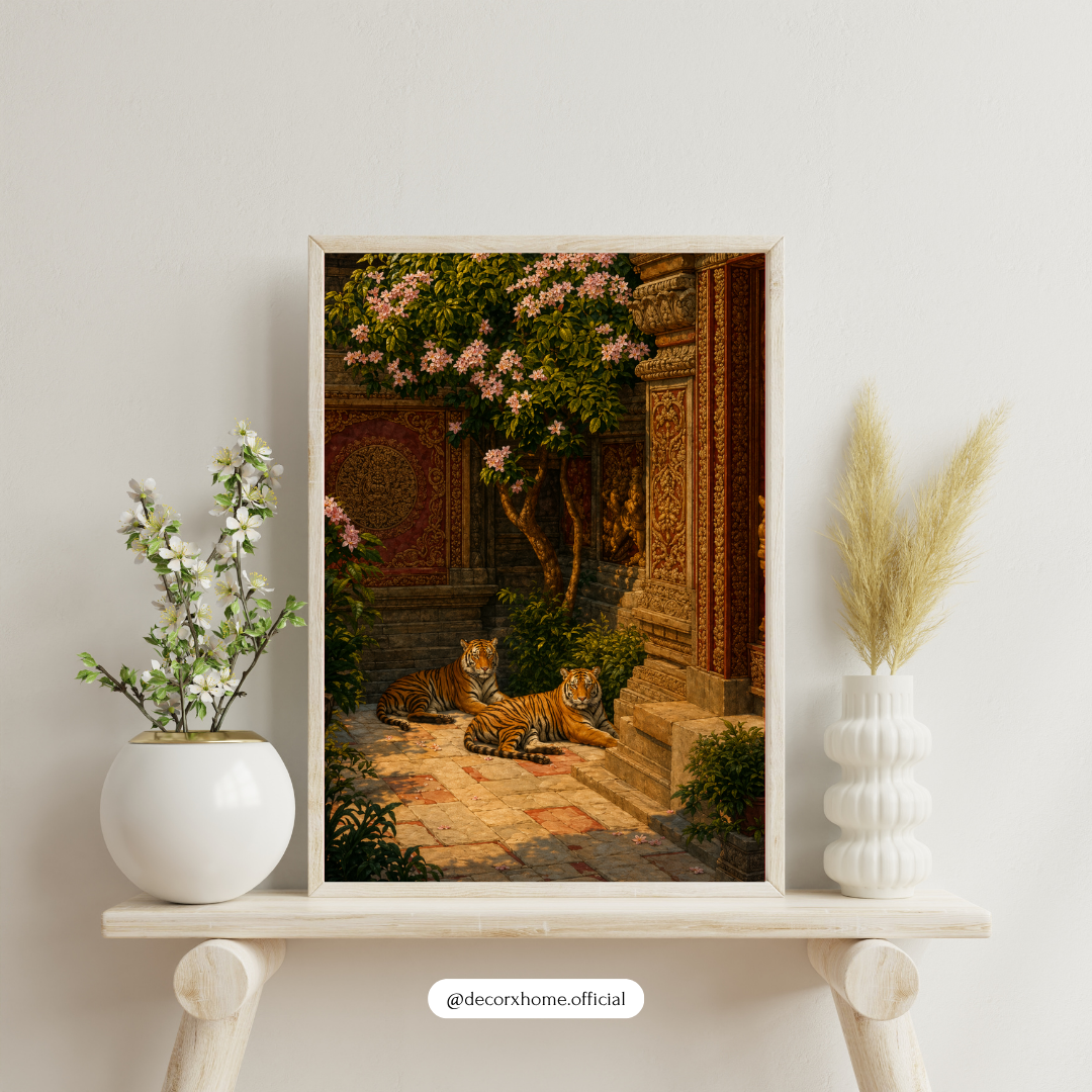 Royal Tigers in Palace Garden – Premium Aesthetic Wall Art Poster | DecorxHome