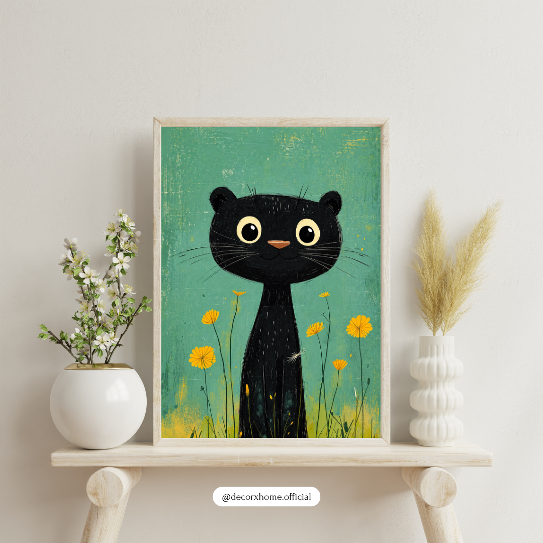 Cute Black Cat Wall Art Poster – Minimal Kids Room Decor | Aesthetic Animal Illustration (Framed Print)