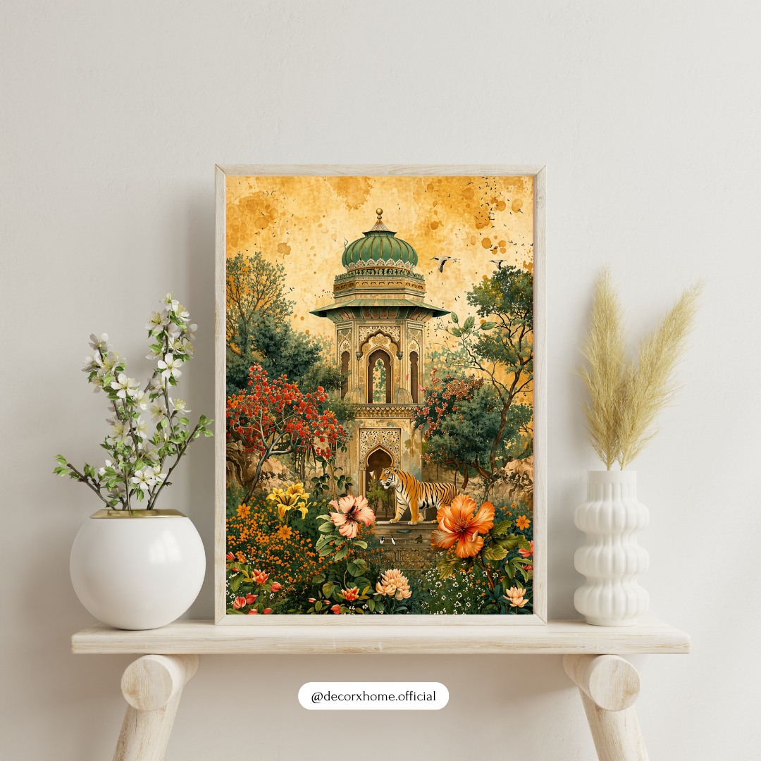 Royal Garden Pavilion with Tiger – Vintage Palace Floral Wall Art Poster | DecorxHome