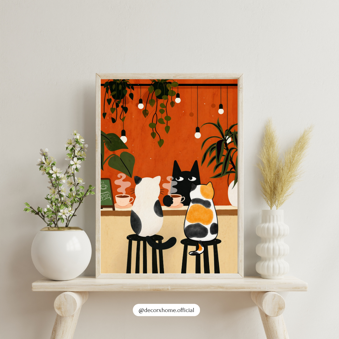 Cute Cat Café Wall Art Poster – Aesthetic Cartoon Animal Print | Cozy Kitchen & Living Room Decor (Framed)