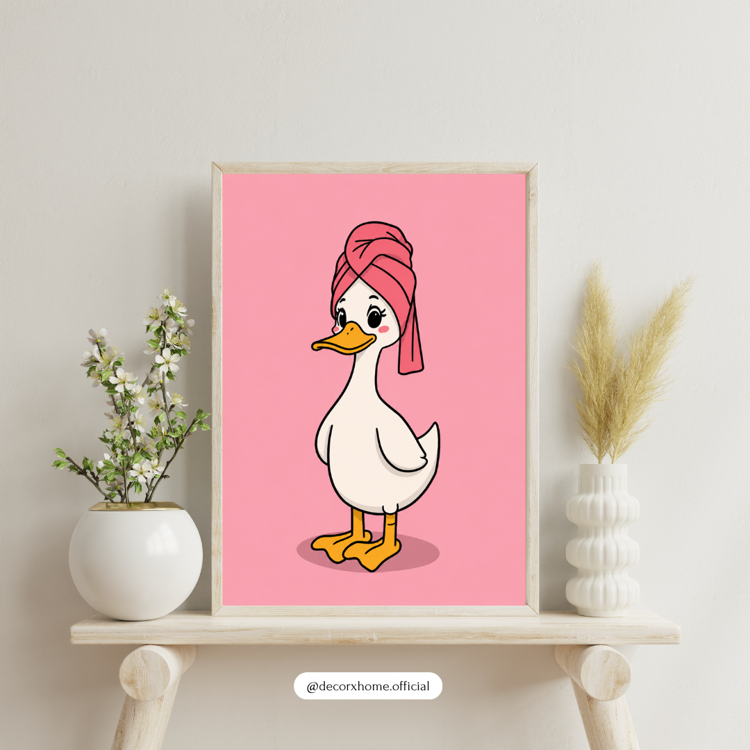 Cute Spa Duck Poster | Pink Cartoon Duck Wall Art for Kids Room & Bathroom – Decorxhome