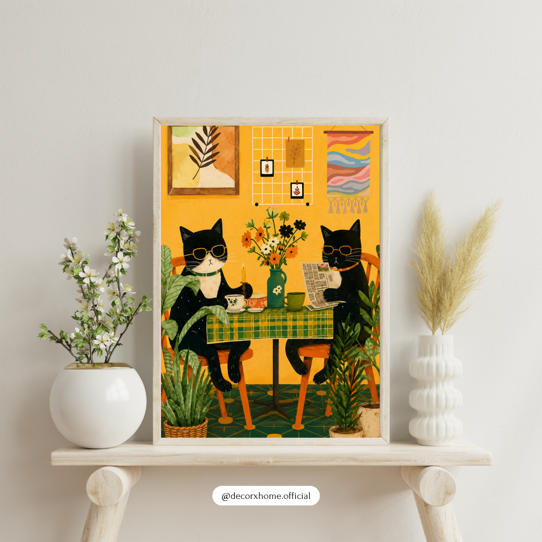 Cozy Café Cats Wall Art Poster | Cute Cat Kitchen & Coffee Artwork | Whimsical Boho Animal Print | Decorexhome