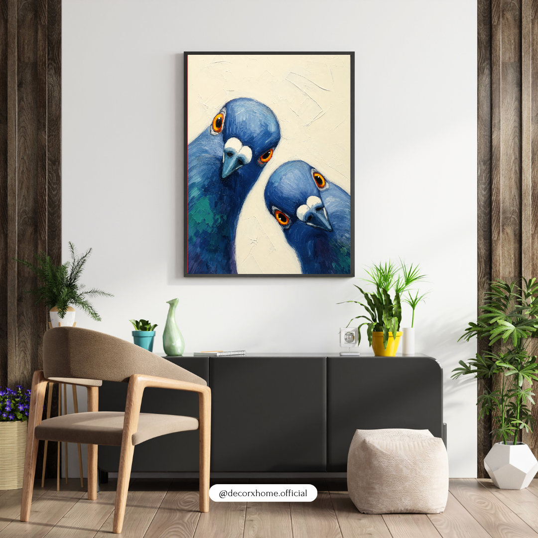 Curious Blue Pigeons Poster | Whimsical Animal Wall Art by DecorxHome