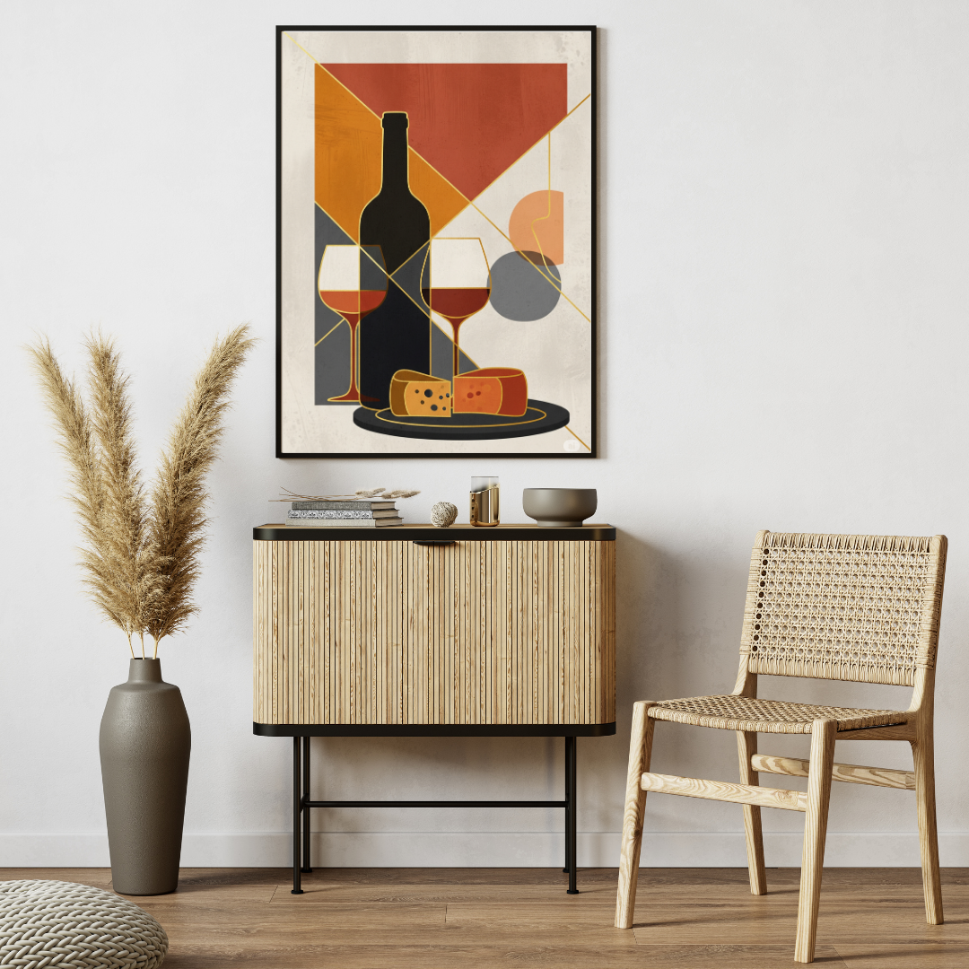 Modern Wine & Cheese Wall Poster – Geometric Kitchen & Restaurant Art