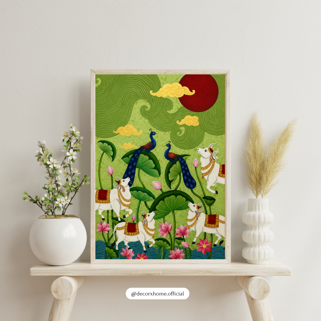 Traditional Peacock & Lotus Garden Wall Art Poster | Indian Folk Nature Artwork | Decorative Cultural Print | Decorexhome