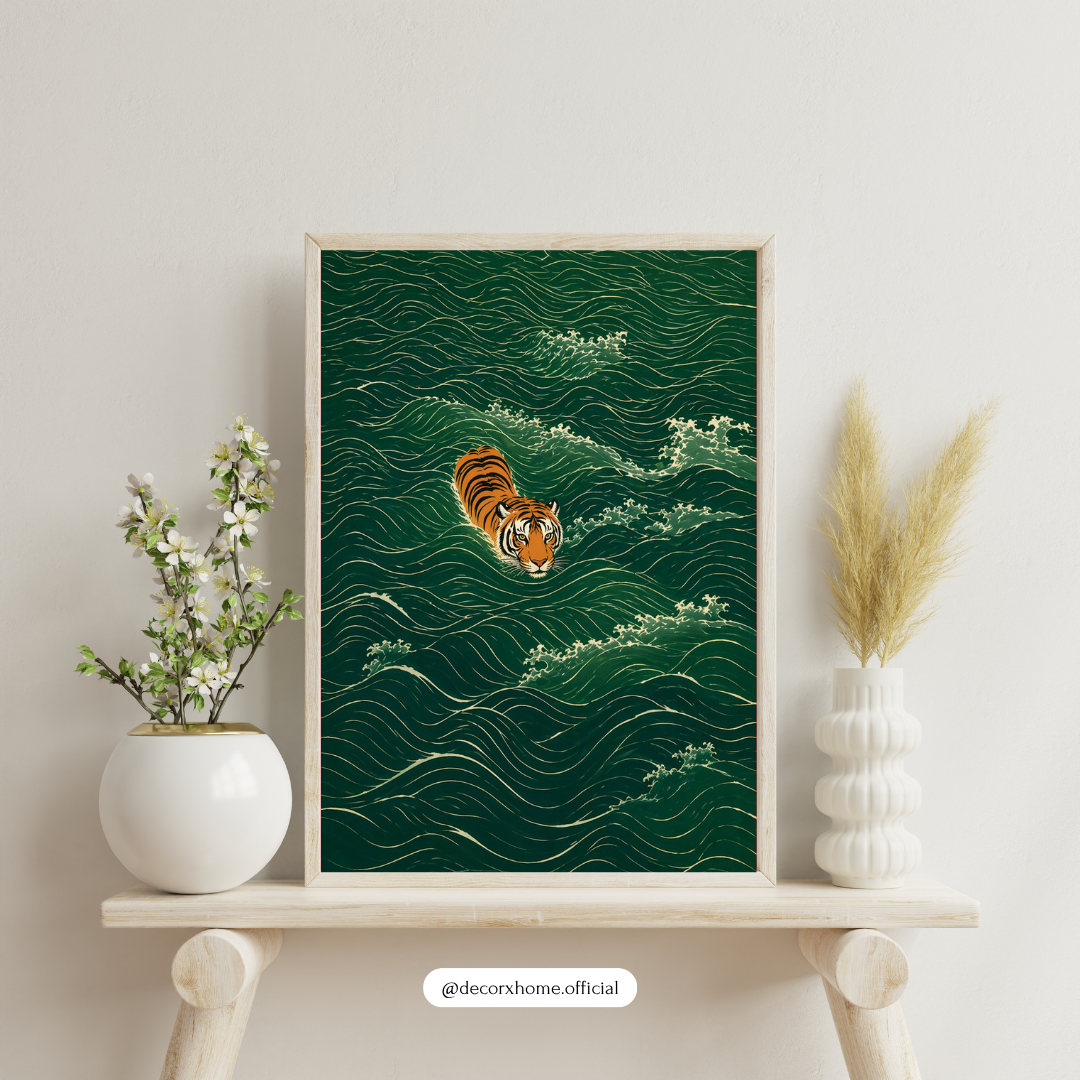 Tiger in Emerald Waves – Minimal Ocean Aesthetic Wall Art Poster | DecorxHome