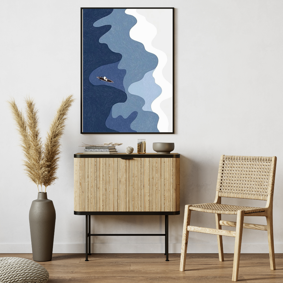 Minimalist Boat in Ocean Layers – Boho Framed Wall Art Print for Living Room, Bedroom & Office Decor