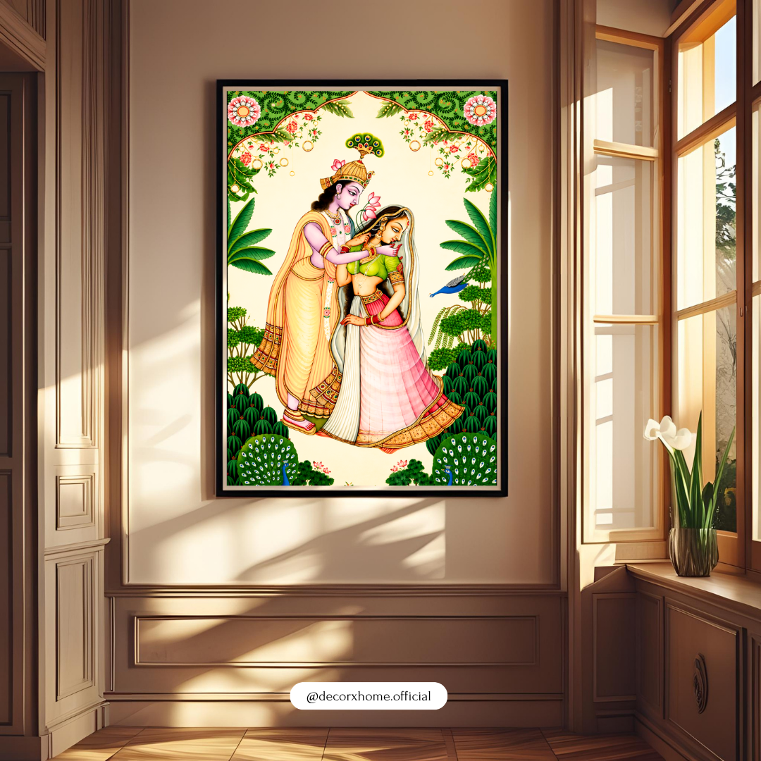 Radha Krishna Divine Garden Poster | Traditional Indian Spiritual Wall Art by DecorxHome